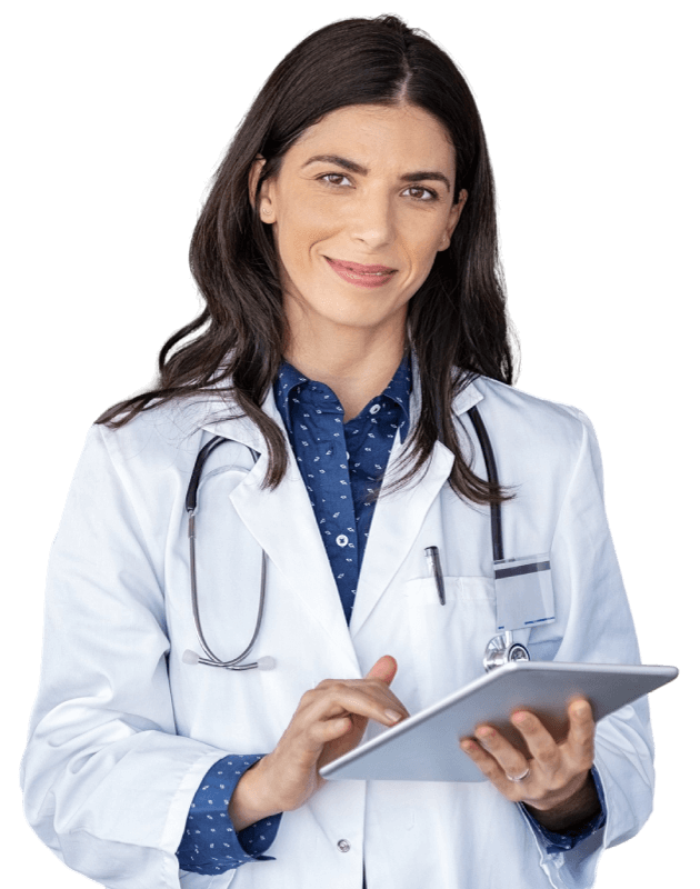 Middle-aged female doctor smiling and posing with a tablet on her hands | COVID-19 Care | Richter Family Medicine & Wellness